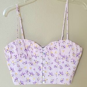 Zara Pink Purple Floral Printed Linen Blend Button Front Bustier Tank - Size M